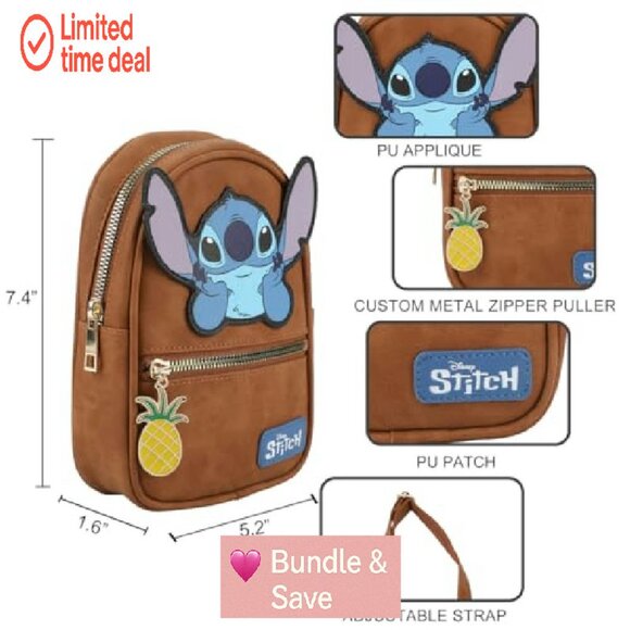 Stitch Applique Sling Bag 7.4" Adjustable Strap Faux Suede PU - Picture 7 of 8